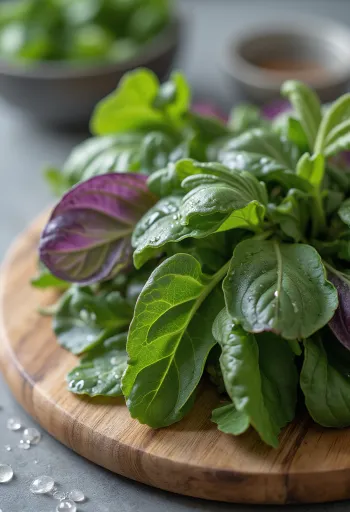 신선한 가든 오라크(Garden Orache) 잎과 줄기, 톱니 모양의 잎, 나무 배경