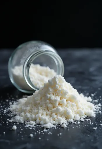 유리병과 나무 스푼에 담긴 고운 입자의 한천 가루