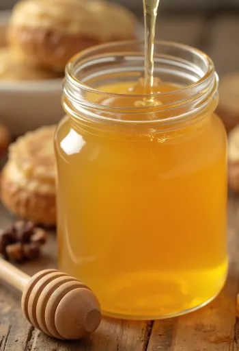 작은 유리병에 담긴 맑은 아가베 시럽과 나무 스푼