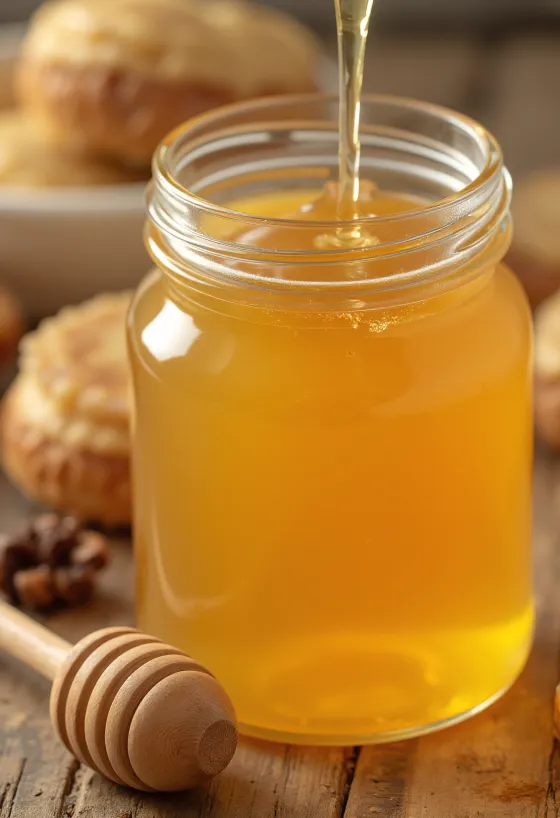 작은 유리병에 담긴 맑은 아가베 시럽과 나무 스푼