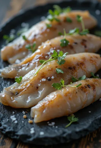 나무 도마 위에 놓인 신선한 앤초비 필레와 레몬, 허브, 바다 소금