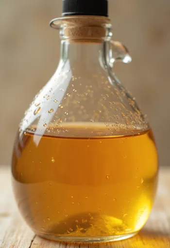 유리병에 담긴 사과식초와 주변에 놓인 신선한 사과, 사과 껍질, 초모가 보이는 식초