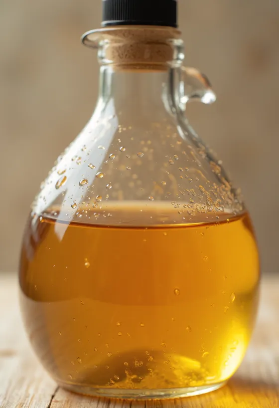 유리병에 담긴 사과식초와 주변에 놓인 신선한 사과, 사과 껍질, 초모가 보이는 식초