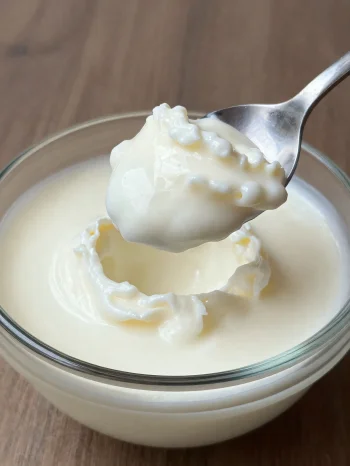 소박한 도자기 그릇에 담긴, 숟가락이 꽂힌 크리미한 자연 발효유