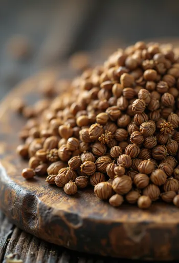 나무 테이블 위에 놓인 자연 상태의 말린 아니스 씨앗