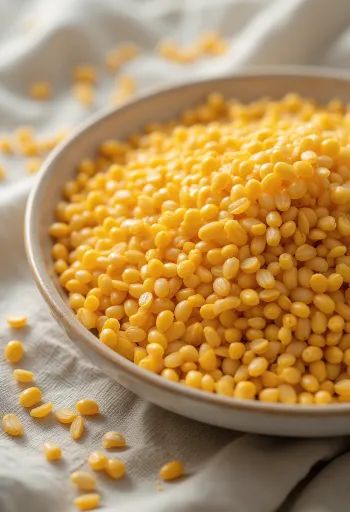 나무 테이블 위 흩뿌려진 밝은 노란색의 골드 아마씨