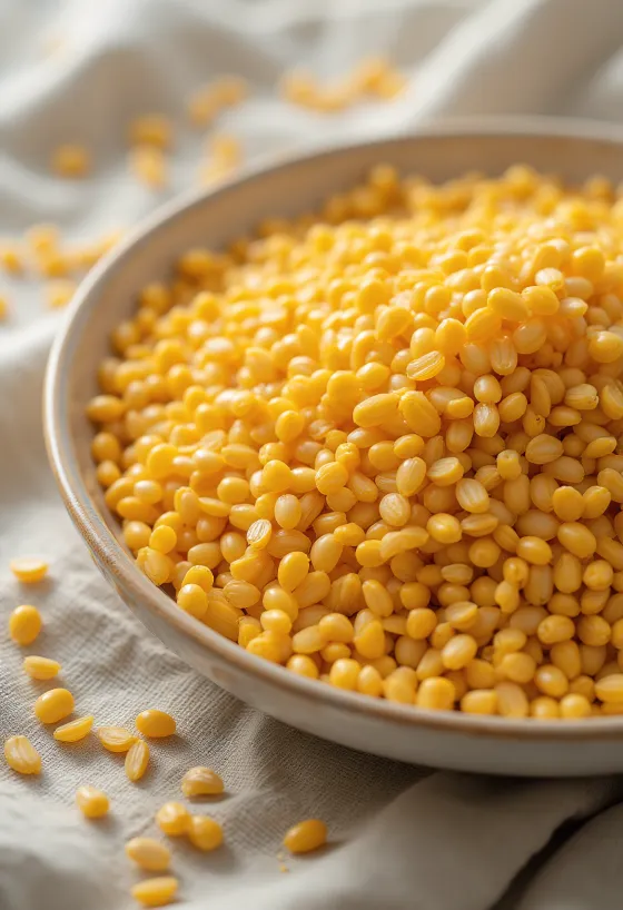 나무 테이블 위 흩뿌려진 밝은 노란색의 골드 아마씨