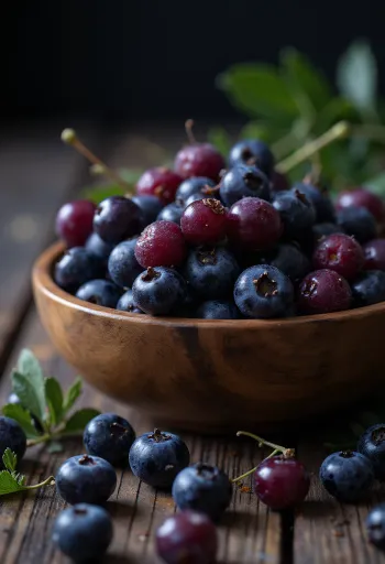 진한 보라색의 신선한 아로니아 열매들과 반으로 자른 단면