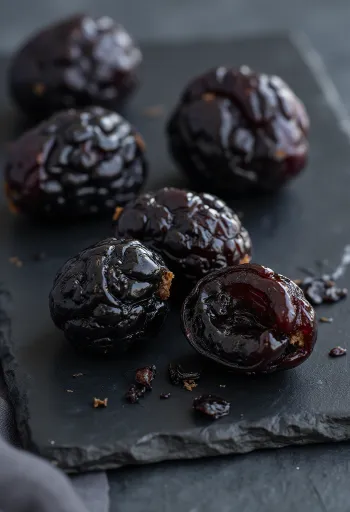 도자기 그릇에 담긴 윤기 나는 검보랏빛 건자두와 생자두, 시나몬 스틱