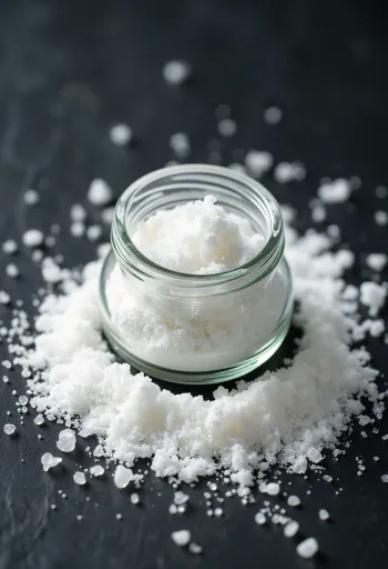 작은 그릇에 담긴 하얀색 아스코르빈산 가루와 나무 스푼