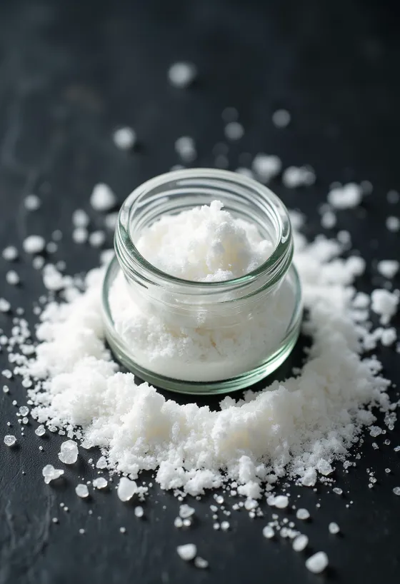 작은 그릇에 담긴 하얀색 아스코르빈산 가루와 나무 스푼