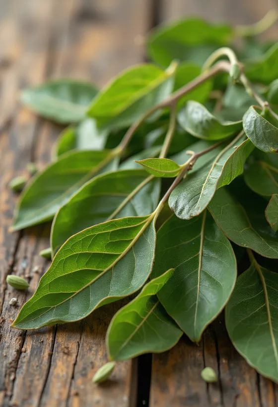 나무 테이블 위에 놓인 말린 월계수 잎과 작은 그릇