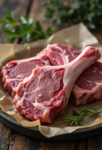 나무 도마 위에 놓인 신선한 뼈 있는 양 갈비