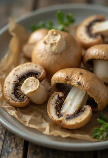 도마 위에 썰어 놓은 신선한 브라운 양송이 버섯