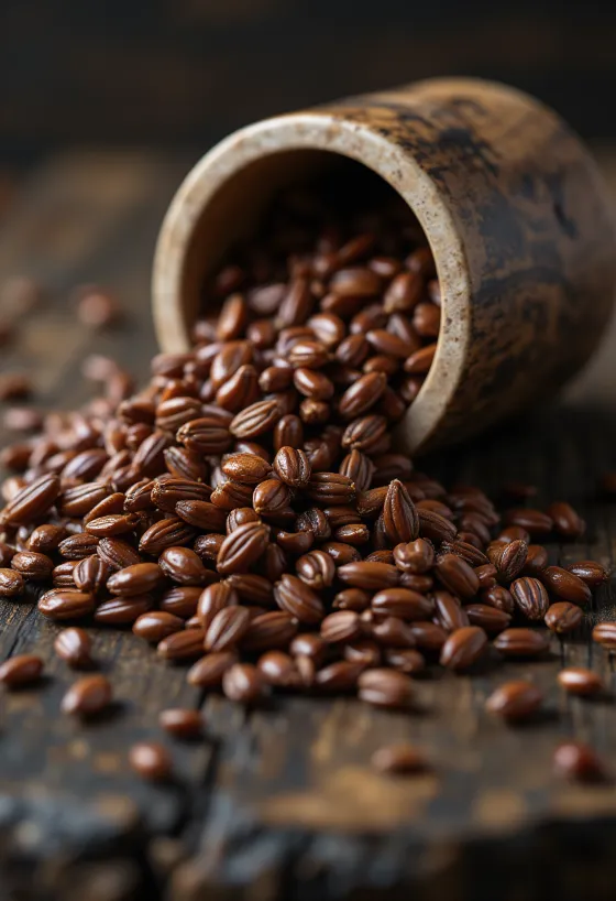 나무 그릇에 담긴 윤기 나는 갈색 브라운 아마씨