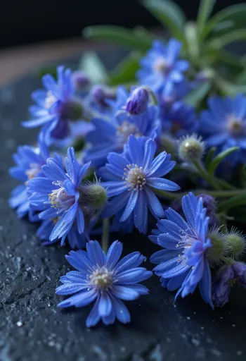 나무 도마 위에 손질된 파란색 별 모양의 보리지 꽃