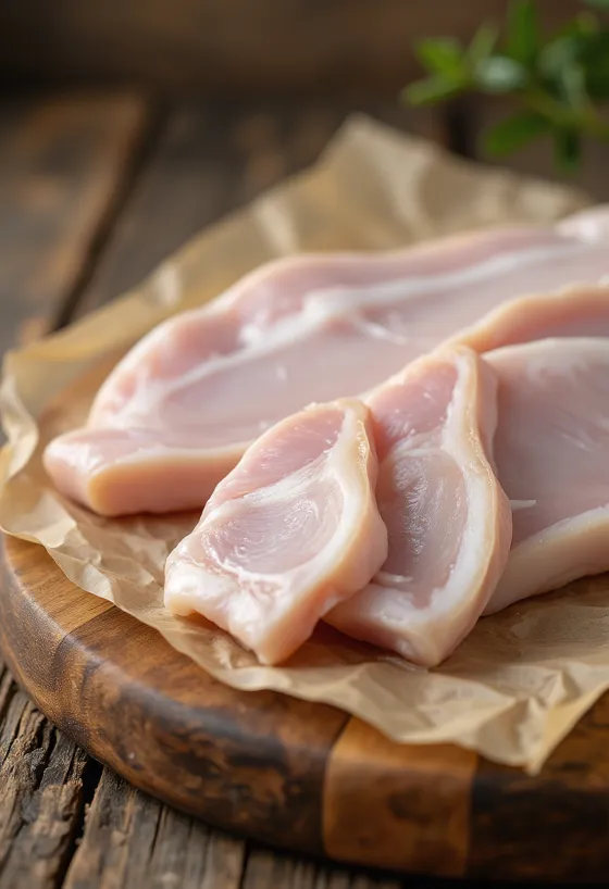 나무 도마 위 손질된 깨끗한 생 돼지 껍데기