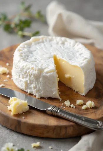 나무 도마 위 잘라진 크리미한 속살의 브리 치즈