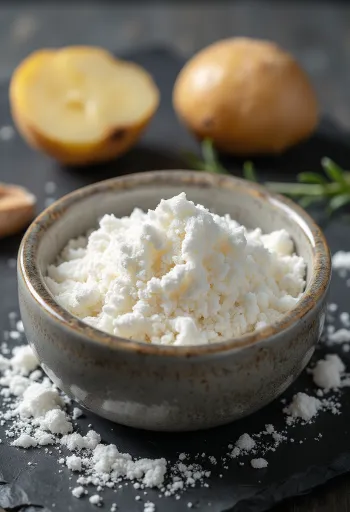 고운 입자의 하얀 감자 전분이 그릇에 담겨 있고 나무 숟가락으로 떠낸 모습