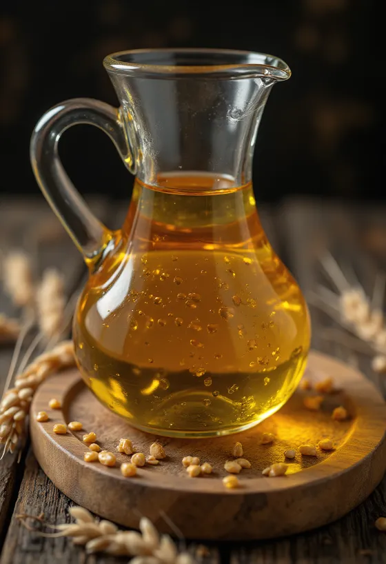 작은 유리볼에 담긴 황금빛 밀배아유와 곁에 놓인 밀 이삭