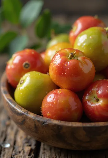 붉은빛과 녹색이 섞인 껍질을 가진 신선한 카무카무 열매들