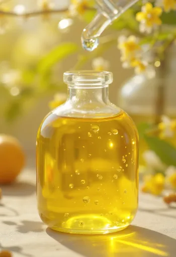 작은 병에 담긴 황금빛 치아씨 오일과 나무 그릇에 담긴 치아씨