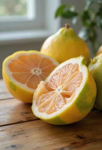 나무 테이블 위에 놓인 통통한 포멜로와 껍질을 벗긴 과육