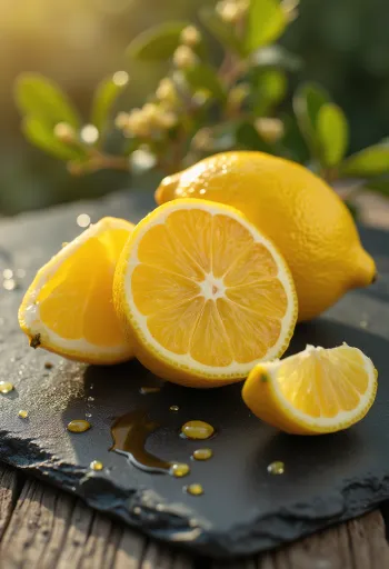 나무 테이블 위에 놓인 신선한 레몬과 반으로 자른 레몬, 그리고 레몬수 한 잔