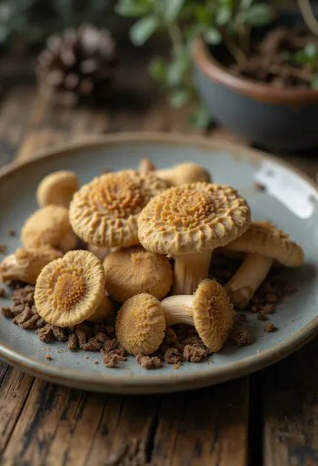 도마 위에 반으로 잘라 손질된 신선한 곰보버섯