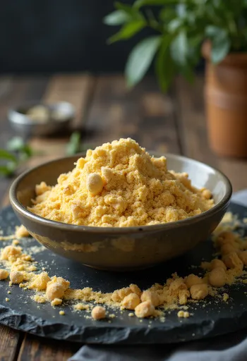 도자기 그릇에 담긴 노란 병아리콩 가루와 나무 숟가락