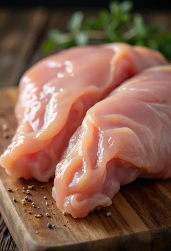 나무 도마 위에 놓인 신선한 생닭 부위들과 허브, 레몬