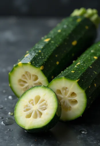 나무 도마 위에 놓인 짙은 녹색의 신선한 주키니 호박과 반으로 자른 단면