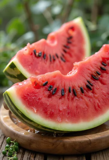 나무 테이블 위에 놓인 잘 익은 수박과 붉은 속살의 조각들