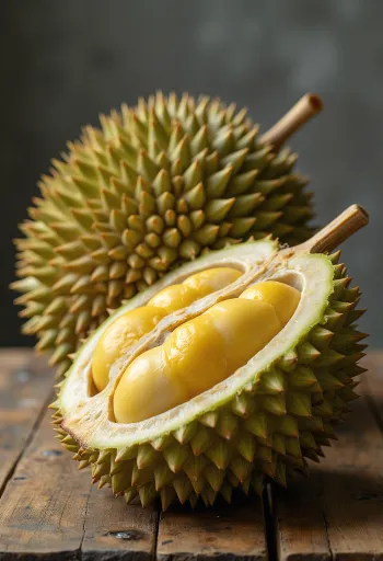 가시 돋친 껍질과 노란 크림 같은 속살을 드러낸 두리안