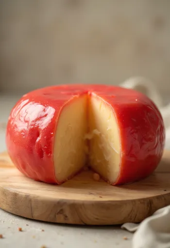 빨간 왁스로 코팅된 에담 치즈를 슬라이스하여 나무 도마 위에 올린 모습