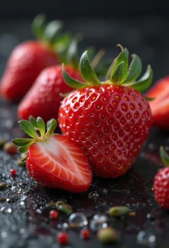 나무 테이블 위에 놓인 신선한 딸기와 딸기잼