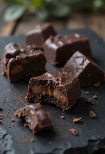 조각난 다크 초콜릿과 녹인 초콜릿, 카카오 파우더가 어우러진 모습