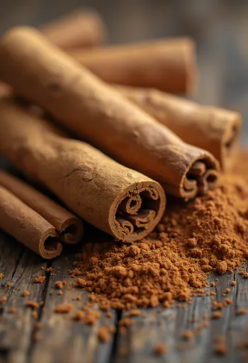 나무 테이블 위에 놓인 계피 가루와 시나몬 스틱