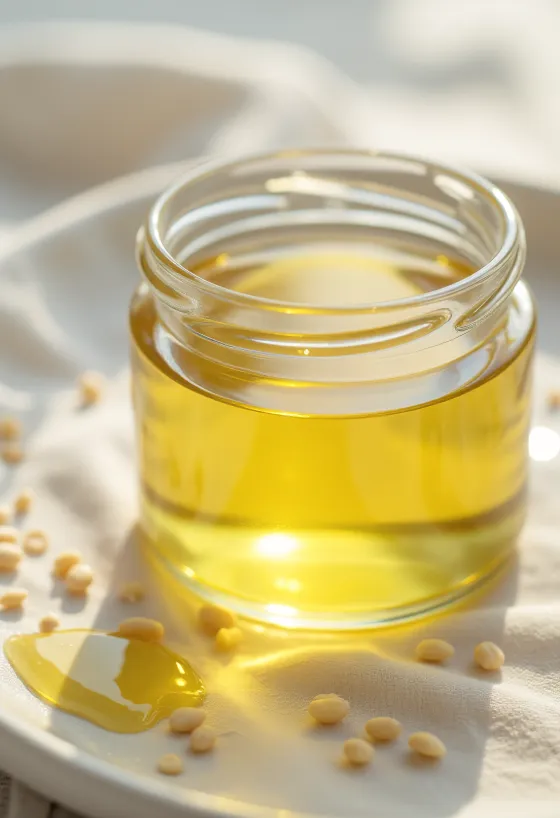 맑은 생참기름이 담긴 병과 작은 종지, 주변에 흩뿌려진 흰 통깨