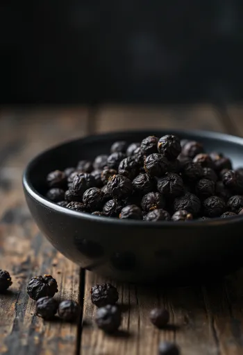 나무 그릇에 담기고 바닥에 흩뿌려진 흑통후추 알갱이들