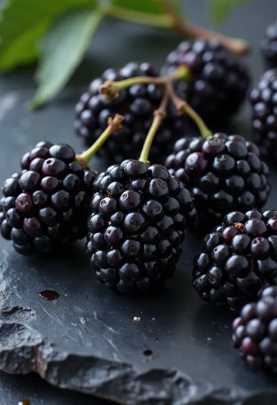 신선한 블랙 멀베리(흑오디) 열매, 잘린 것과 통으로 있는 것