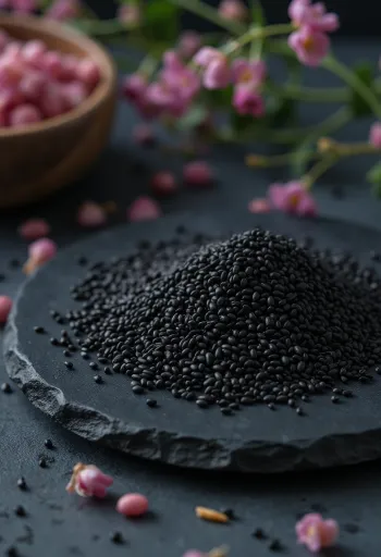 나무 그릇에 담긴 흑임자(검은깨)와 흩뿌려진 씨앗들