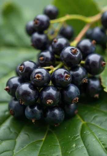 신선한 블랙커런트 열매가 그릇에 담겨 있고, 수제 잼과 잎사귀가 테이블 위에 놓여 있는 모습