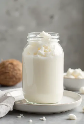 작은 그릇에 담긴 하얀 정제 코코넛 오일과 주변의 코코넛 가루