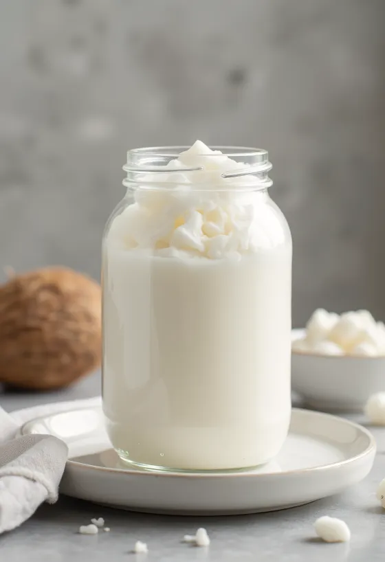 작은 그릇에 담긴 하얀 정제 코코넛 오일과 주변의 코코넛 가루