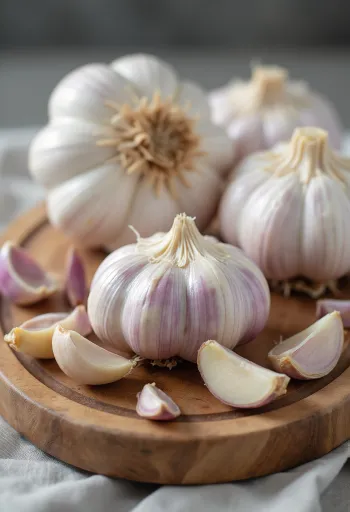 나무 테이블 위에 놓인 통마늘과 껍질 깐 마늘쪽