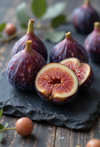 나무 도마 위에 썰어 놓은 신선한 무화과와 말린 무화과