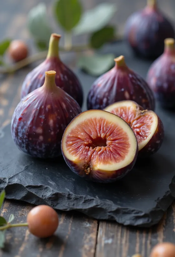 나무 도마 위에 썰어 놓은 신선한 무화과와 말린 무화과