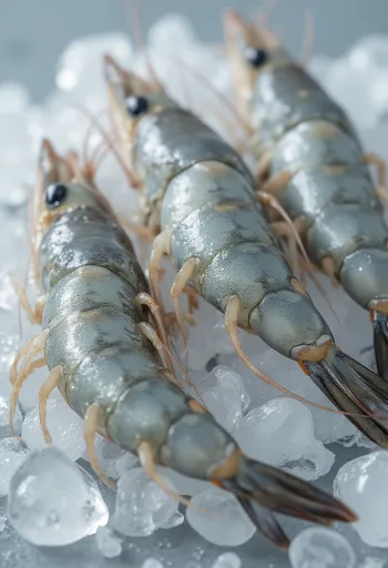 나무 도마 위에 손질된 신선한 새우와 마늘, 레몬, 파슬리