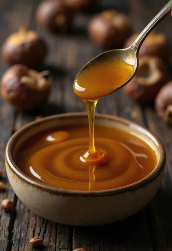 진한 갈색의 밤꿀이 담긴 병과 허니 디퍼, 밤꽃 장식